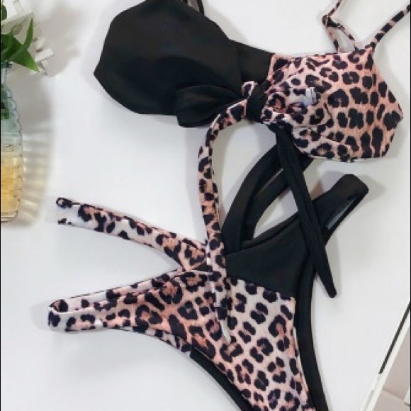 Leopard print splicing tie bikini set - Picture 3 of 4